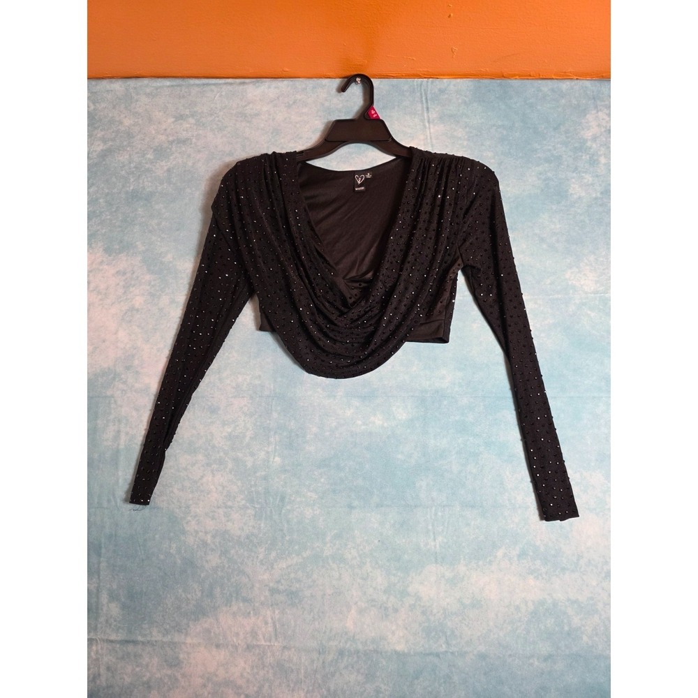 Windsor Black Rhinestone Draped Cowl Neck Crop Top Long Sleeve Small